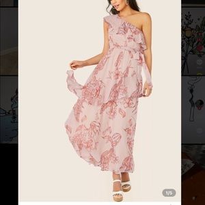 One Shoulder ruffle pink floral maxi dress